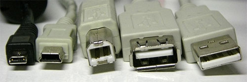 Слева направо: micro USB, mini USB, B-type, A-type разъем, A-type коннектор